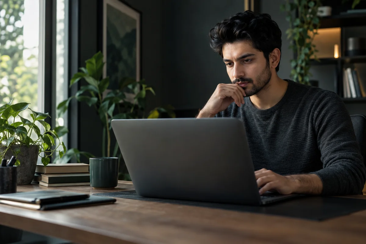 Illustrative portrait of a person studying at a laptop